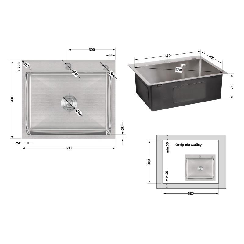 Мийка для кухні інтегрована Lidz Handmade H6050 (LDH6050BRU35371) Brushed Steel 3,0/1,0 мм — фото 2