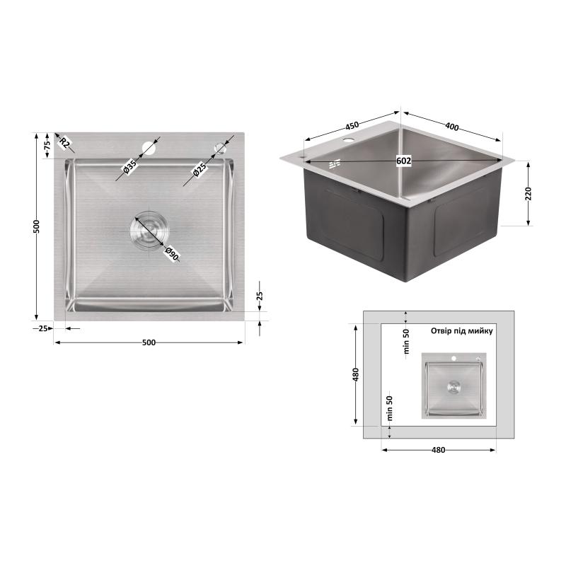 Мийка для кухні інтегрована Lidz Handmade H5050 (LDH5050BRU35375) Brushed Steel 3,0/1,0 мм — фото 2