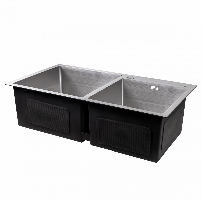 Мийка для кухні з двома чашами інтегрована Lidz Handmade H7843 (LDH7843BRU35387) Brushed Steel 3,0/1,0 мм — фото 4