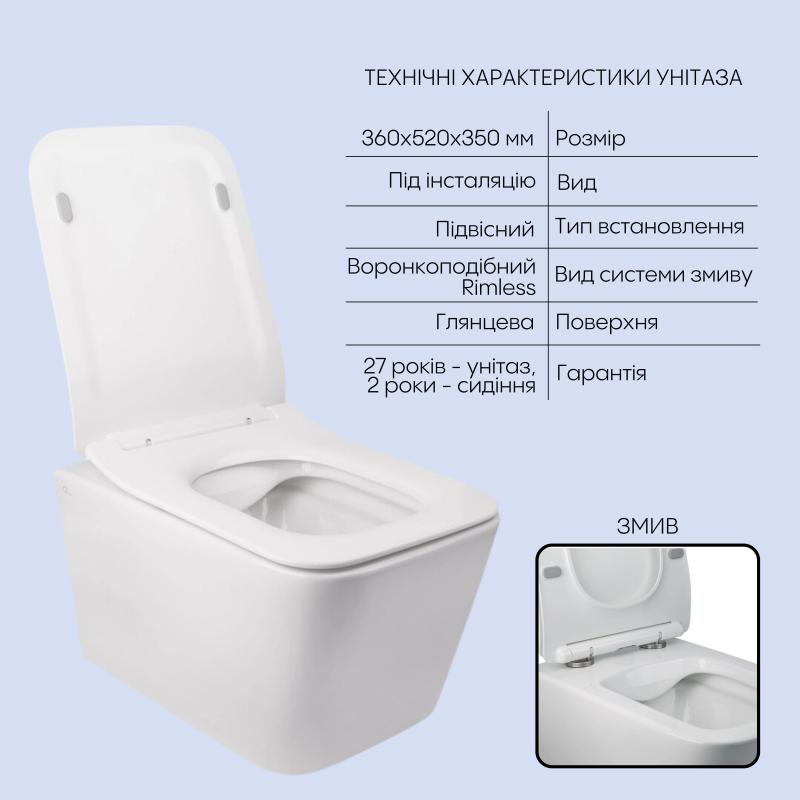 Готове рішення Qtap для ванної кімнати: підвісний унітаз Crow Rimless 520х360х290 + комплект інсталяції Nest 4 в 1 (квадратна клавіша Chrome) — фото 3