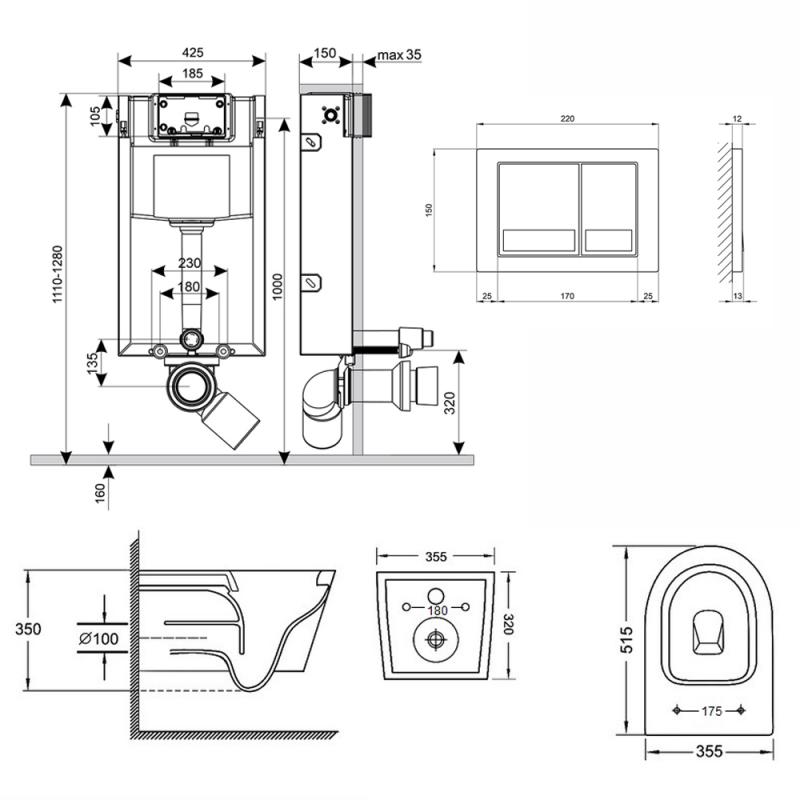 Готове рішення Qtap для ванної кімнати: підвісний унітаз Swan Rimless 520х360х320 + комплект інсталяції Nest 4 в 1 (квадратна клавіша Satin) — фото 2