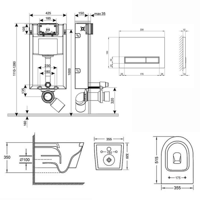 Готове рішення Qtap для ванної кімнати: підвісний унітаз Swan Rimless 520х360х320 + комплект інсталяції Nest 4 в 1 (лінійна клавіша Black mat) — фото 2