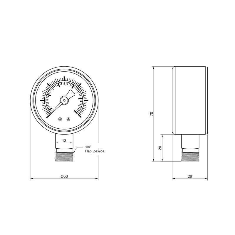 Манометр Thermo Alliance Standart 50 мм 1/4", нижнє підмикання SD1706B — фото 2