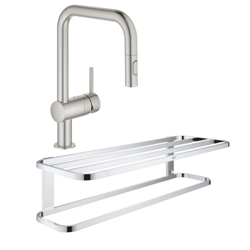 Набір Grohe змішувач для кухні з висувним виливом Minta 32322DC2 + полиця для рушників Selection 41066000