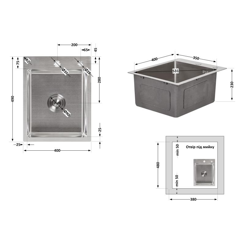 Мийка для кухні інтегрована Lidz Handmade H4050 (LDH4050BRU39258) Brushed Steel 3,0/1,0 мм — фото 2
