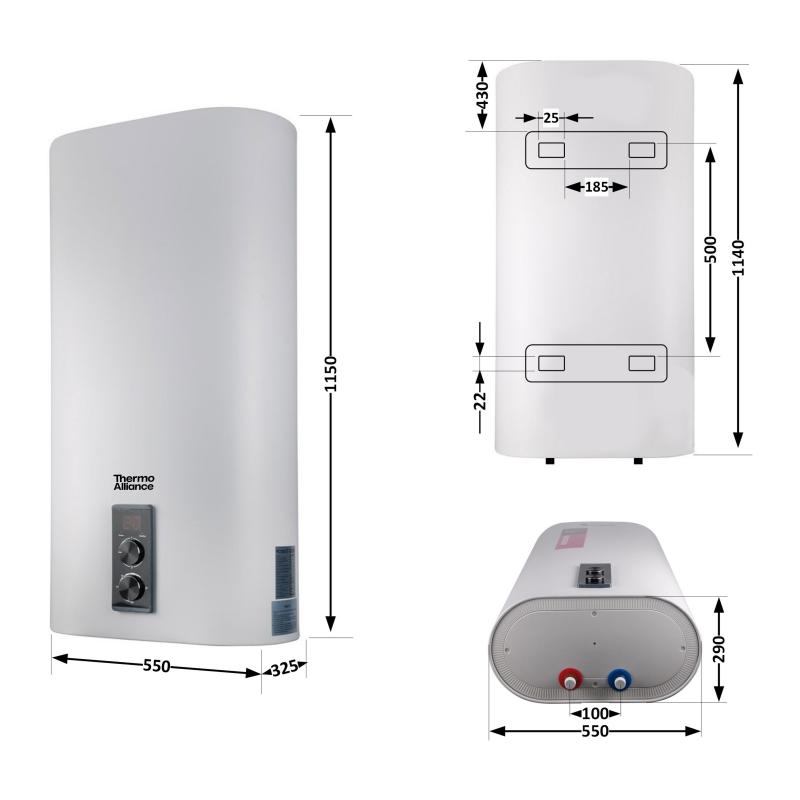Водонагрівач електричний Thermo Alliance 100 л плоский вертикальний, мокрий ТЕН 2 кВт (0,8+1,2) DT100V20G(PD)/2 — фото 2