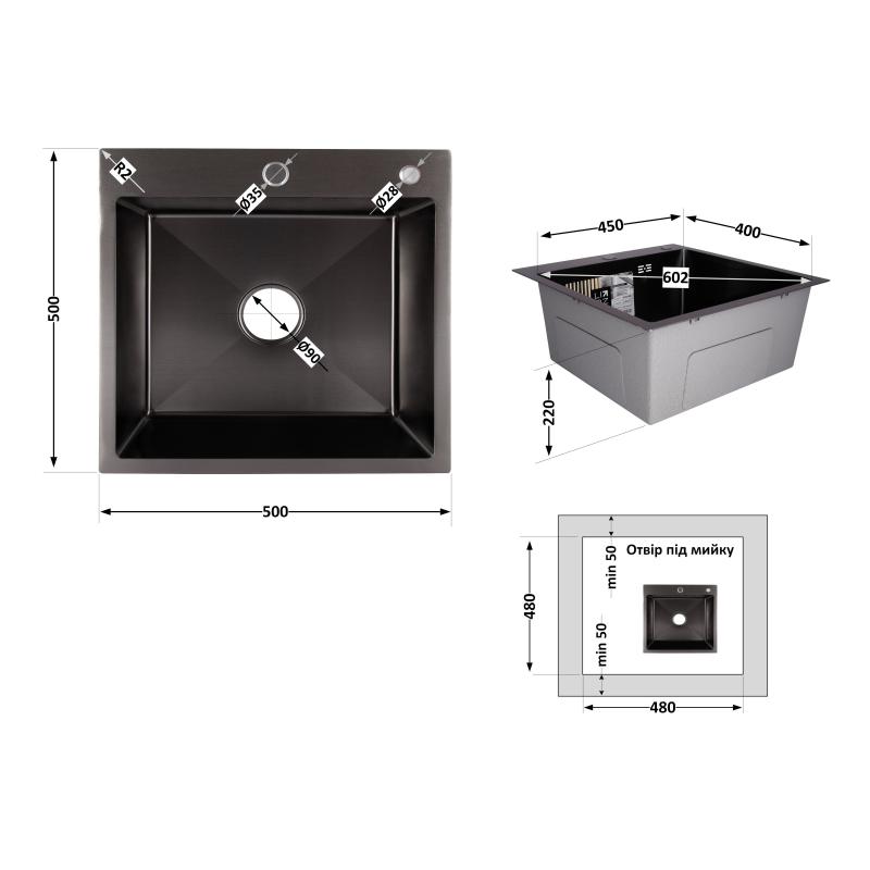 Мийка для кухні інтегрована Lidz Handmade H5050B (LDH5050BPVD43619) Brushed Black PVD 3,0/1,0 мм — фото 2
