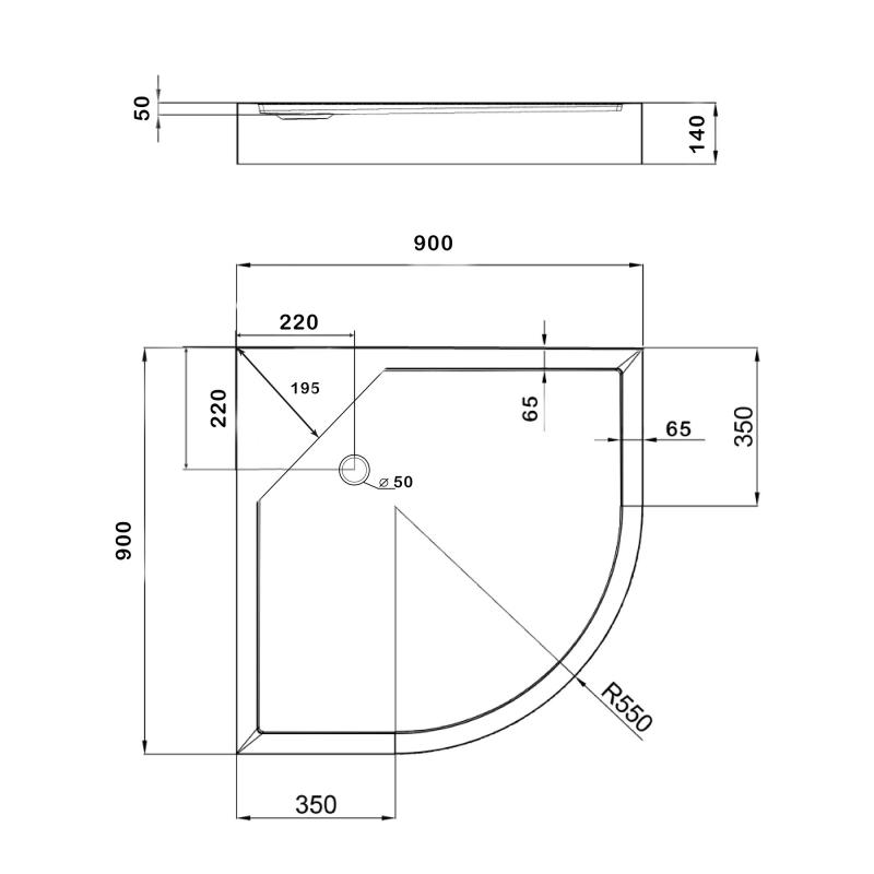 Душовий піддон Kapielka ST90x90x14 низький, напівкруглий, діаметр зливу 52 мм Lidz — фото 2