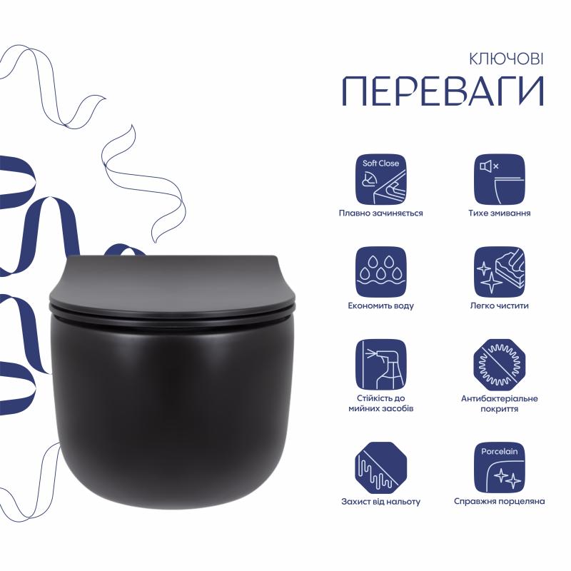 Унітаз підвісний Qtap Taurus безободковий з сидінням Soft-close QT2433084EUQMB — фото 3