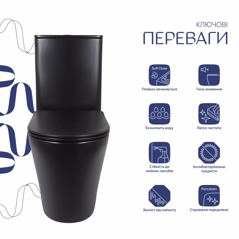 Унітаз підлоговий Qtap Scorpio Ultra Quiet безобідковий з сидінням Soft-close MATT BLACK QT14226088AMB — фото 3