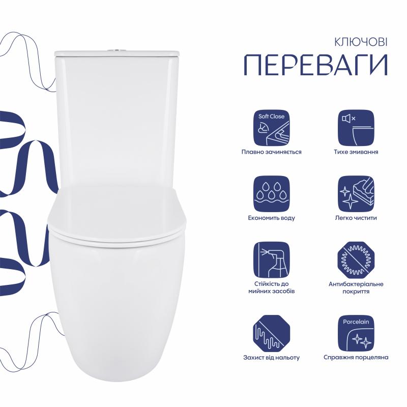 Унітаз підлоговий Qtap Robin New Ultra Quiet безобідковий з сидінням Soft-close WHITE QT13226083AW — фото 3