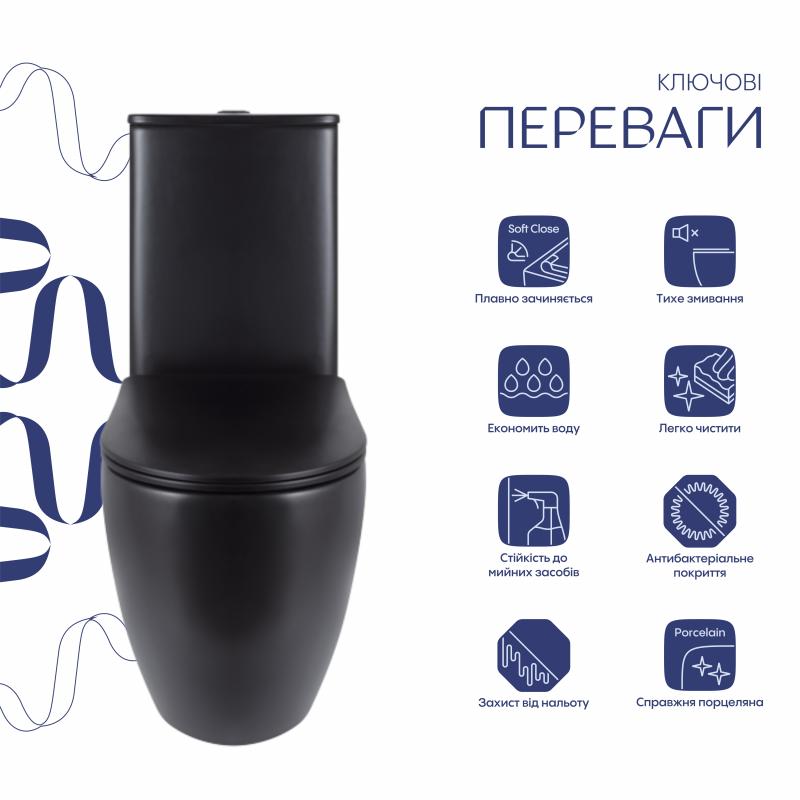 Унітаз підлоговий Qtap Robin Ultra Quiet безобідковий з сидінням Soft-close MATT BLACK QT13226083AMB — фото 3