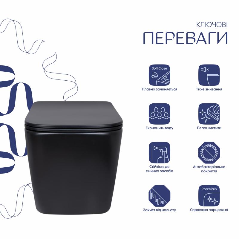 Унітаз підвісний Qtap Tern New Ultra Quiet безобідковий з сидінням Soft-close MATT BLACK QT17332303ASMB — фото 3