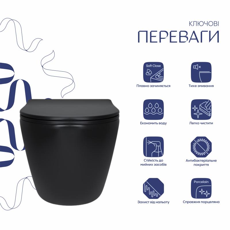 Унітаз підвісний Qtap Robin New Ultra Quiet безобідковий з сидінням Soft-close MATT BLACK QT13332381АSMB — фото 3