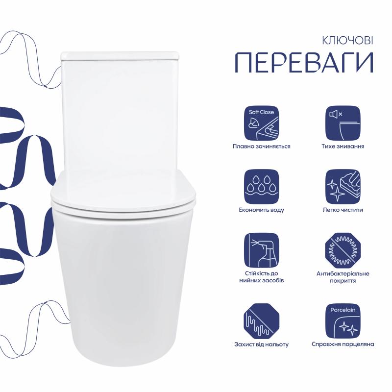 Унітаз-моноблок підлоговий Qtap Kolibri Ultra Quiet безобідковий з сидінням Soft-close WHITE QT10226380W — фото 3