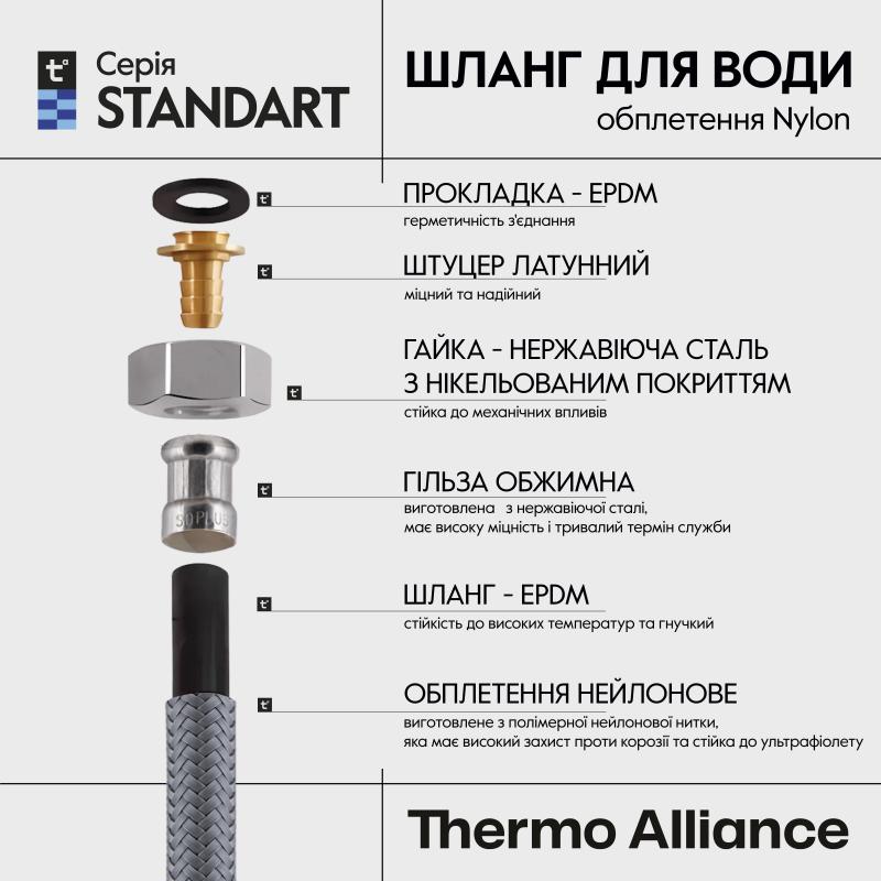 Шланг для підключення змішувача Thermo Alliance Standart (пара) 100 см NYLON M10x1/2"В довга ігла TAS386W100L — фото 3