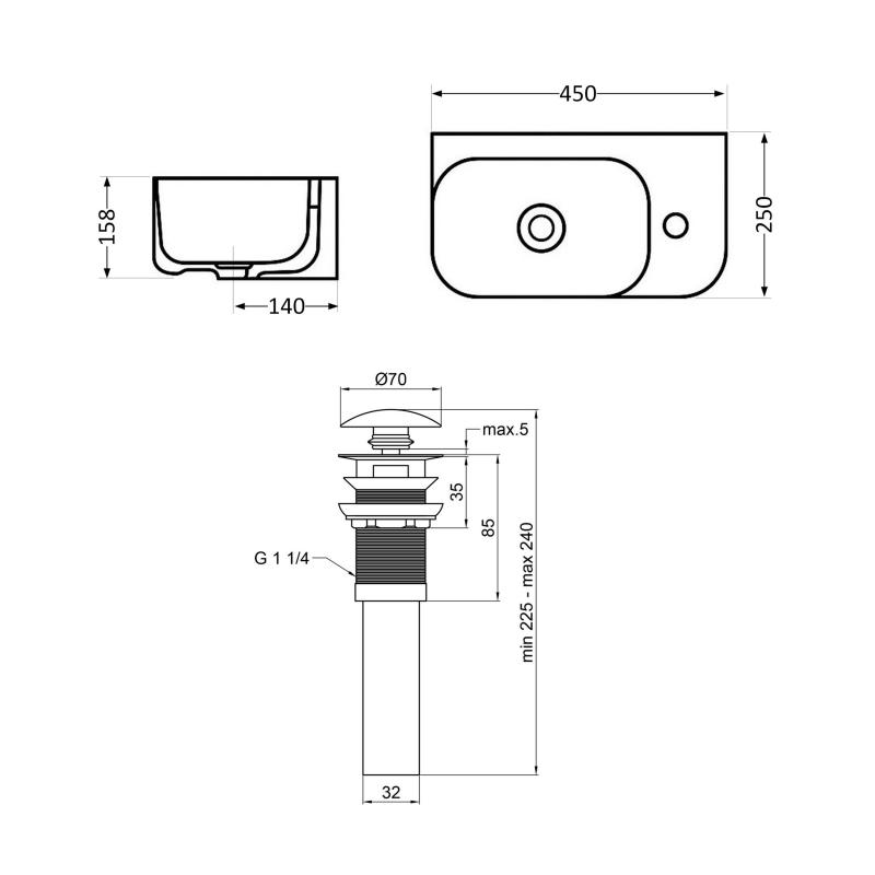 Комплект Qtap Tern: Раковина підвісна прамокутна права 450х250х158 мм White + Донний клапан PU02O — фото 2