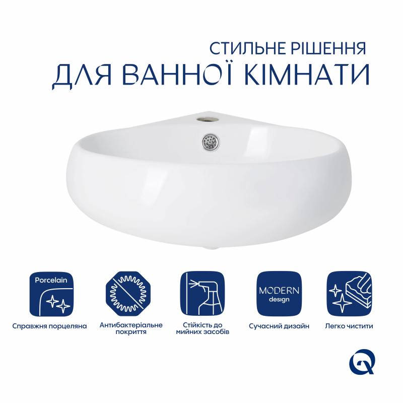 Комплект Qtap Leo N: Раковина підвісна угловая овальна 380x360x130 мм WHITE + Донний клапан PU02O — фото 3