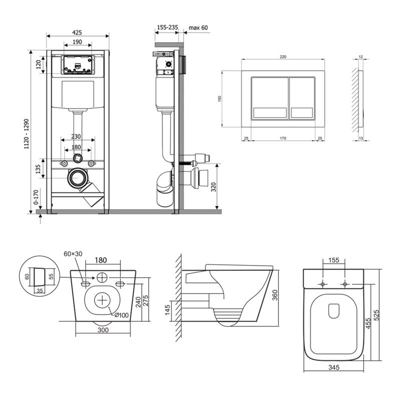 Готове рішення Qtap для ванної кімнати: підвісний унітаз Tern Ultra Quiet 525x345x360 + комплект інсталяції Nest 4 в 1 (квадратна клавіша Satin) — фото 2