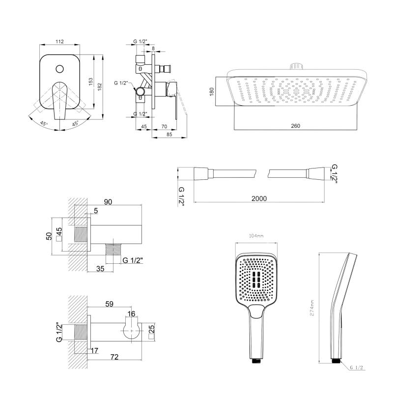 Комплект для душу Qtap Stenava Chrome: Змішувач QTST6245102DC + Лійки (QTRUC125CRM45954,QTHLA107CRM45784) + Шланг QTHADPVC200C + QTCRMBH130 — фото 2