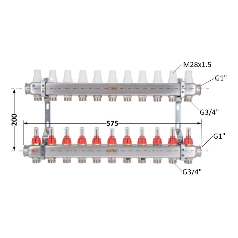 Колектор Icma № К073 з витратомірами (нерж.) 1" х 3/4" на 11 виходів — фото 2
