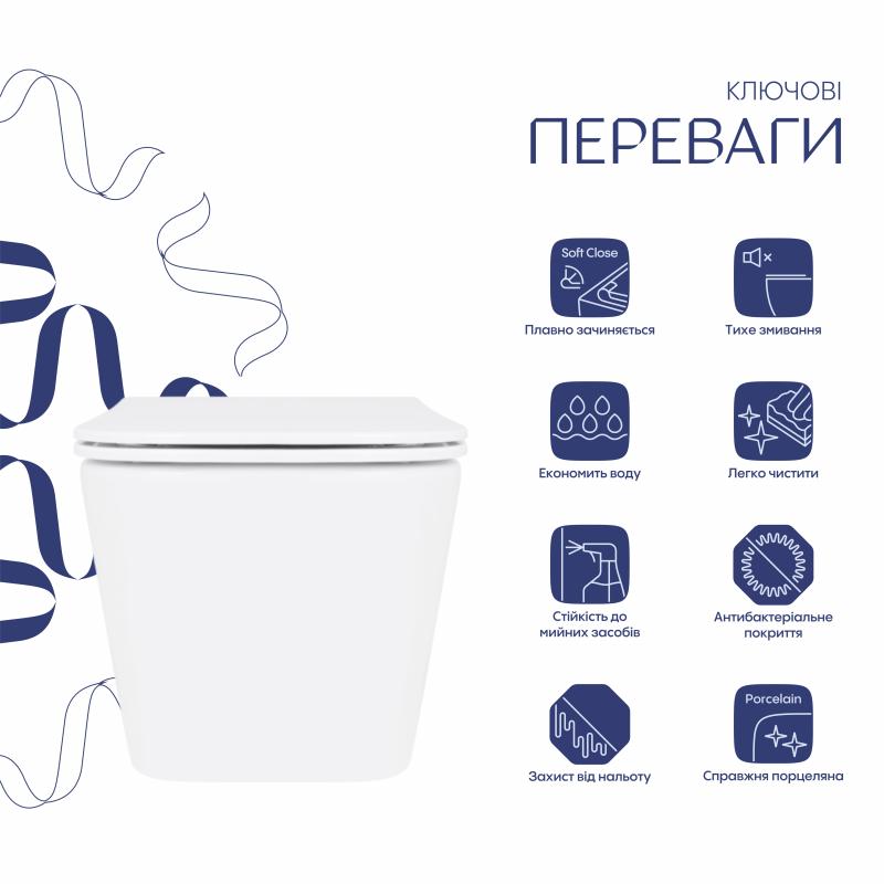 Унітаз підвісний Crow Rimless 485х340х330 мм, White, з сидінням Slim Duroplast/ Soft-close/ Quick Release QT05335171RW Qtap — фото 3