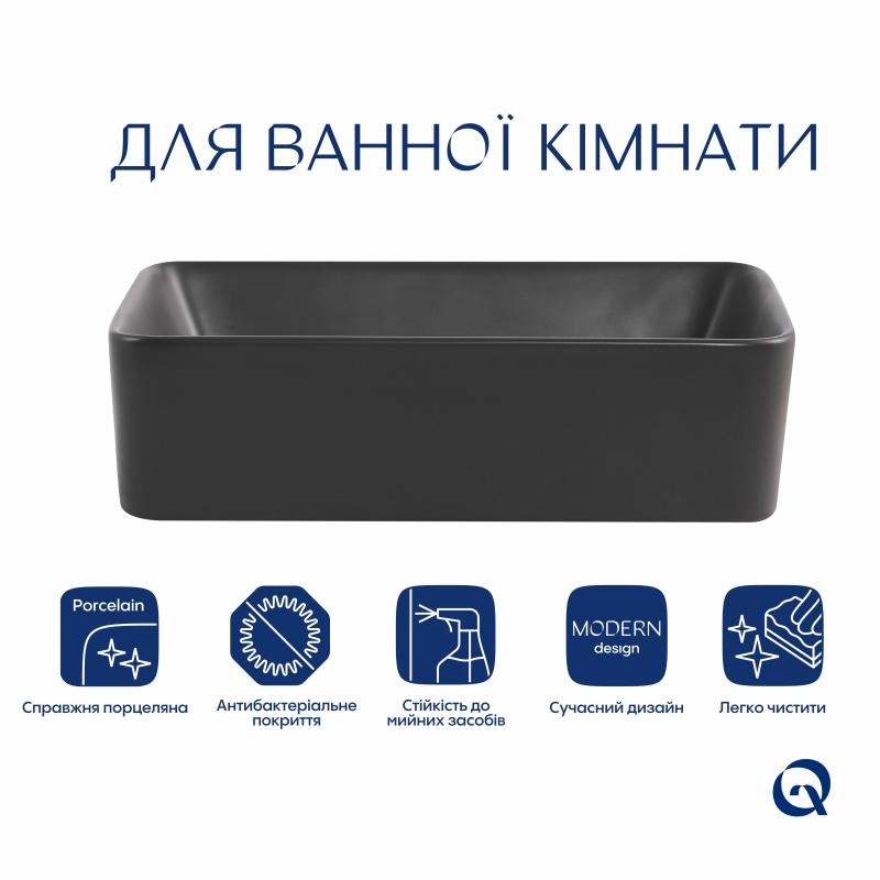 Раковина накладна Qtap Tern 480x370x135 мм, Anthracite, прямокутна, з донним клапаном QT17116069AN — фото 3