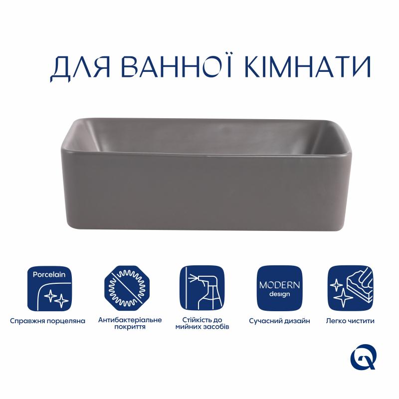 Раковина накладна Qtap Tern 480x370x135 мм, Stone grey, прямокутна, з донним клапаном QT17116069SG — фото 3