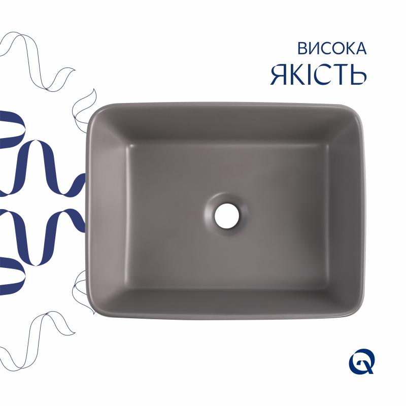 Раковина накладна Qtap Tern 480x370x135 мм, Stone grey, прямокутна, з донним клапаном QT17116069SG — фото 4