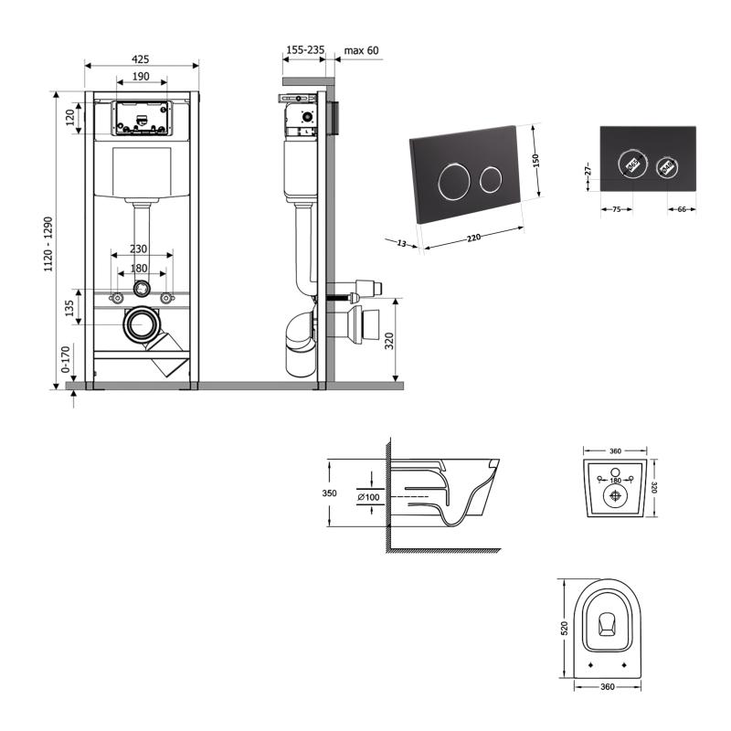 Готове рішення Qtap для ванної кімнати: підвісний унітаз Jay Ultra Quiet 520x360x320 + комплект інсталяції Nest 4 в 1 (кругла клавіша Matt Black) — фото 2