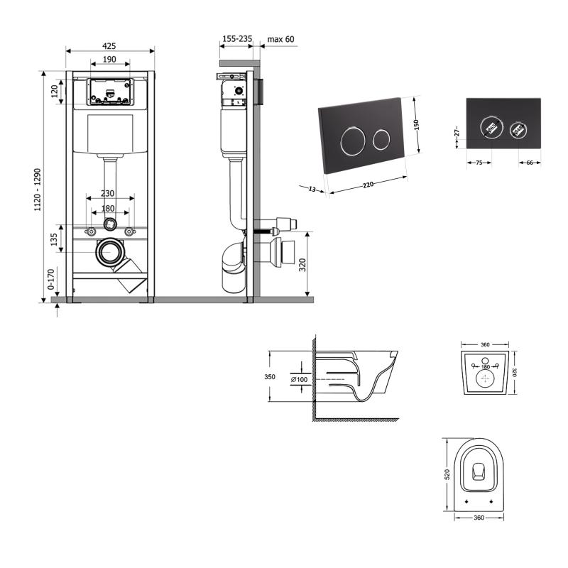 Готове рішення Qtap для ванної кімнати: підвісний унітаз Swan Ultra Quiet 520x360x320 + комплект інсталяції Nest 4 в 1 (кругла клавіша Matt Black) — фото 2