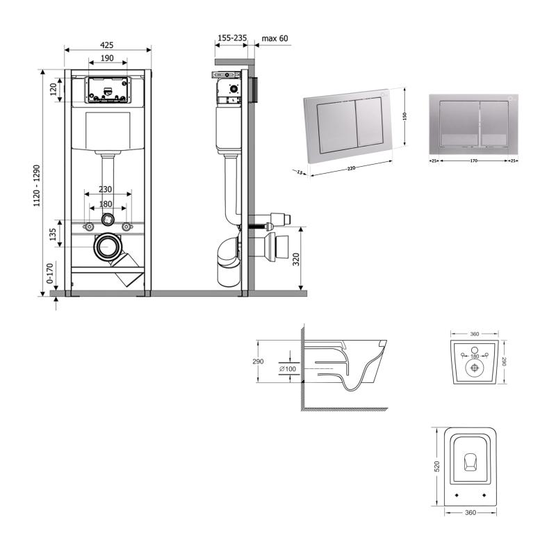 Готове рішення Qtap для ванної кімнати: підвісний унітаз Crow Ultra Quiet 520x360x290 + комплект інсталяції Nest 4 в 1 (квадратна клавіша Satin) — фото 2