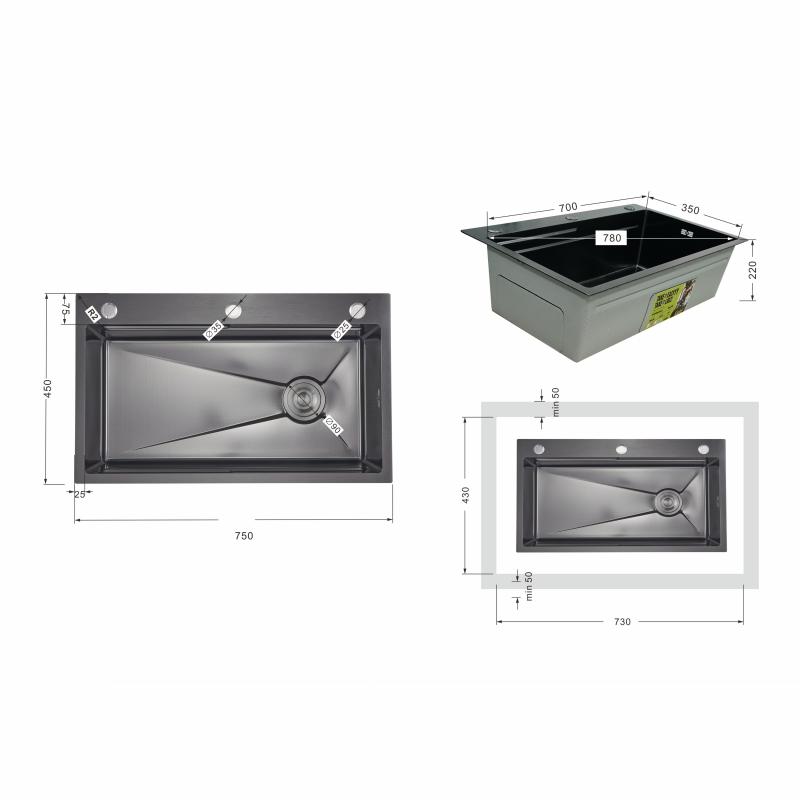 Lidz Handmade H7545B Мийка для кухні інтегрована Decor Black PVD Honeycomb 3,0/1,0 мм LDH7545BDECPVD48373 — фото 2