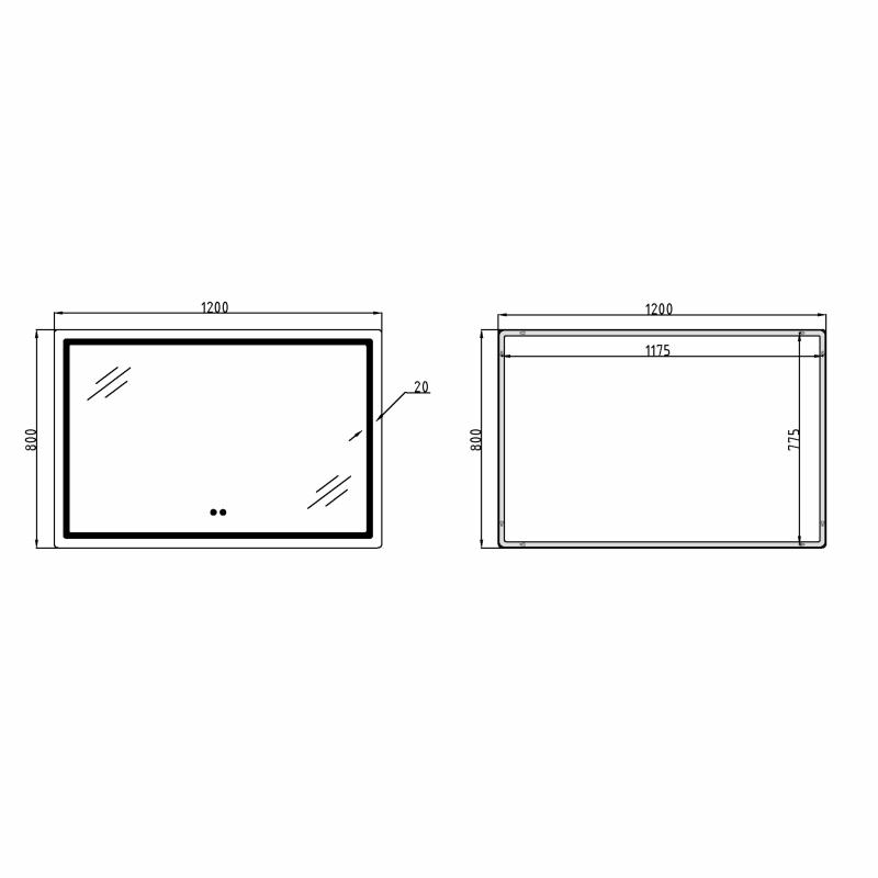 Дзеркало Qtap Mideya MI1) 1200х800 з LED-підсвічуванням Touch, з антизапотіванням, димером, рег. яскравості QT2078F12080 — фото 2