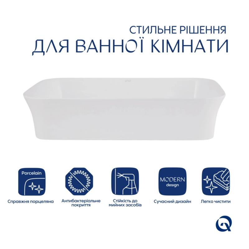 Комплект Qtap Virgo N: Раковина накладна 560x380x130 мм, White, прямокутна + Донний клапан Pop-up PU02 — фото 3