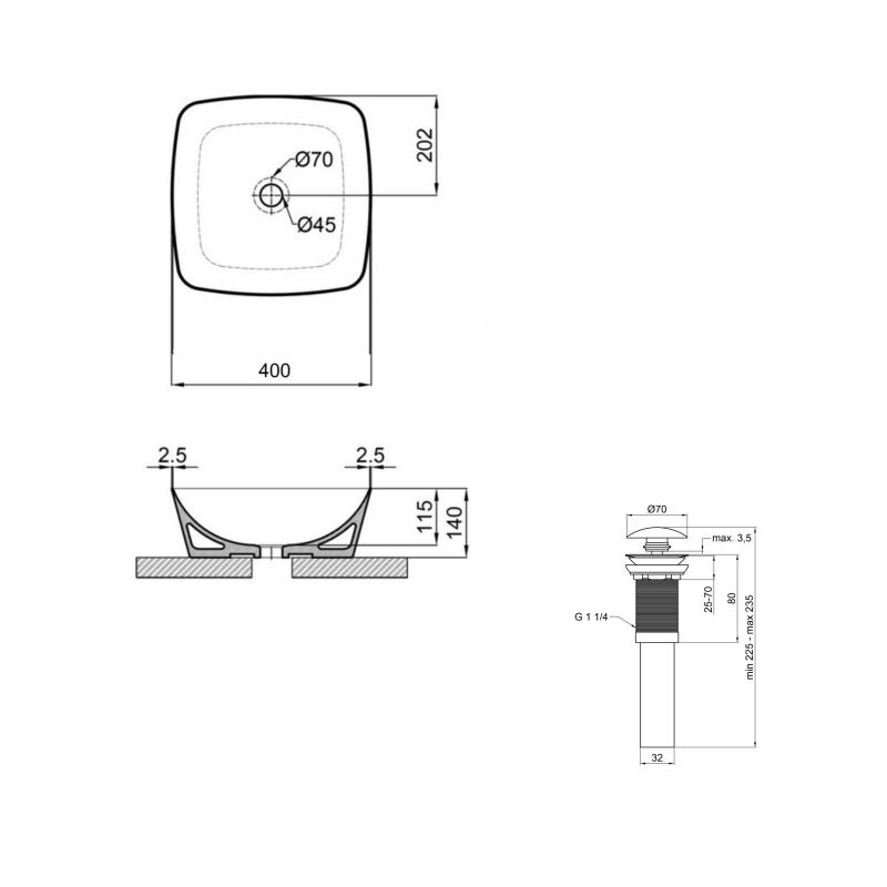 Комплект Qtap Kolibri: Раковина накладна 400x400x140 мм, White, квадратна + Донний клапан Pop-up PU02 — фото 2