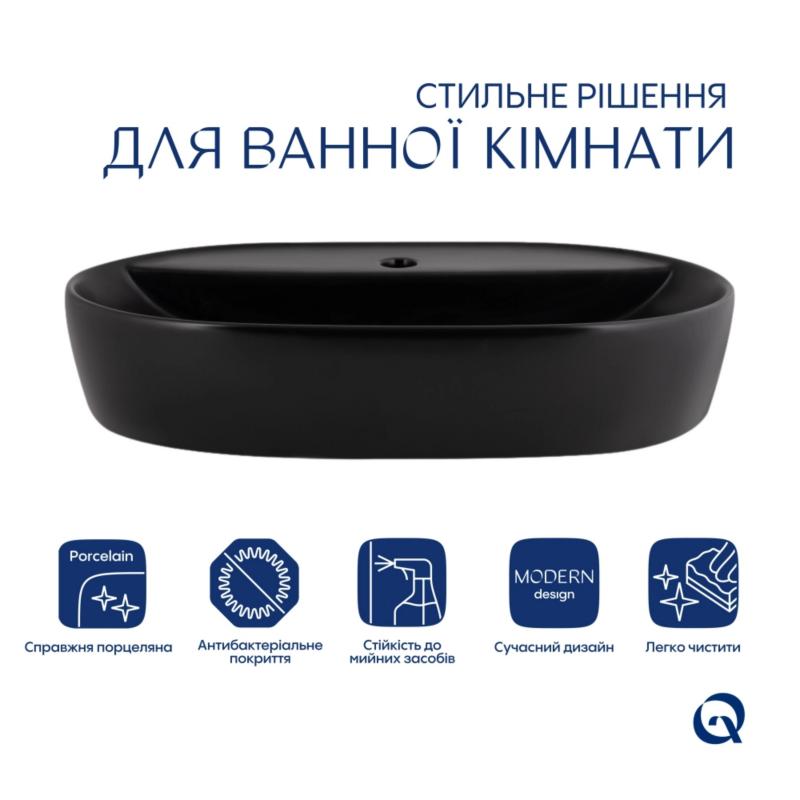 Комплект Qtap Scorpio: Раковина накладна 600x400x120 мм, Matt Black, овальна + Донний клапан Pop-up PU03 — фото 3