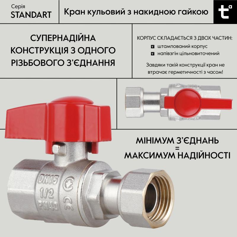 Кран кульовий прямий 1/2"ВВ з накидною гайкою Standart TAS260W15 Thermo Alliance — фото 3