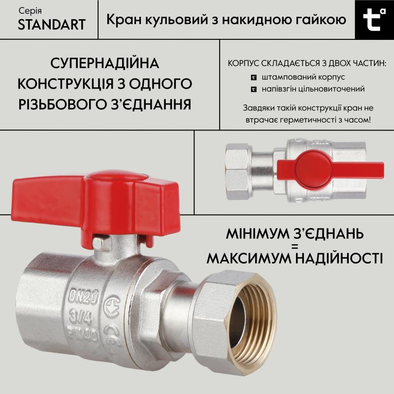Кран кульовий Thermo Alliance Standart 3/4"ВВ прямий, PN40,з накидною гайкою TAS260W20 — фото 3
