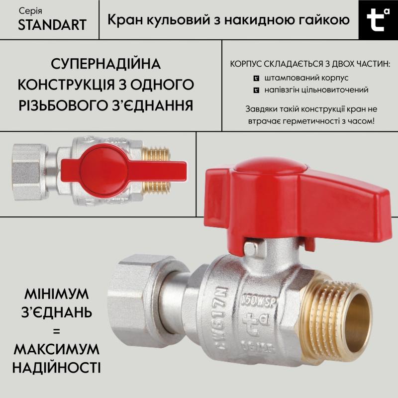 Кран кульовий Thermo Alliance Standart 1/2"ВЗ прямий, PN40, з накидною гайкою TAS261W15 — фото 3