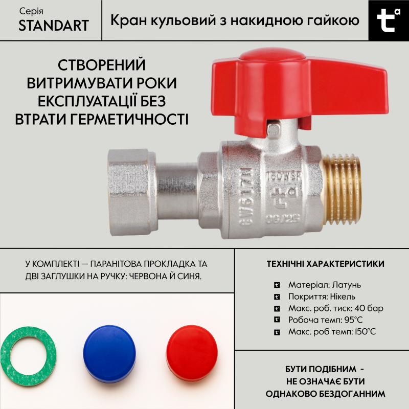 Кран кульовий Thermo Alliance Standart 1/2"ВЗ прямий, PN40, з накидною гайкою TAS261W15 — фото 5