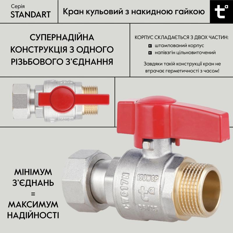 Кран кульовий Thermo Alliance Standart 3/4"ВЗ прямий, PN40, з накидною гайкою TAS261W20 — фото 3