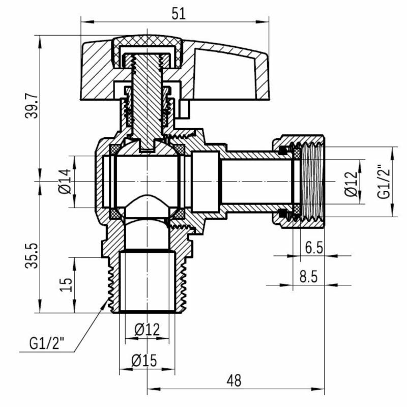 Кран кульовий Thermo Alliance Standart 1/2"ВЗ кутовий, PN40, з накидною гайкою TAS224W15 — фото 2