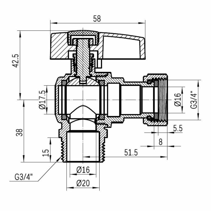 Кран кульовий Thermo Alliance Standart 3/4"ВЗ кутовий, PN40, з накидною гайкою TAS224W20 — фото 2