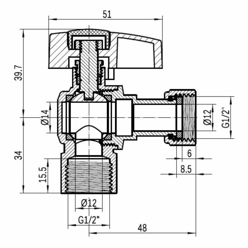 Кран кульовий Thermo Alliance Standart 1/2"ВВ кутовий, PN40, з накидною гайкою TAS223W15 — фото 2