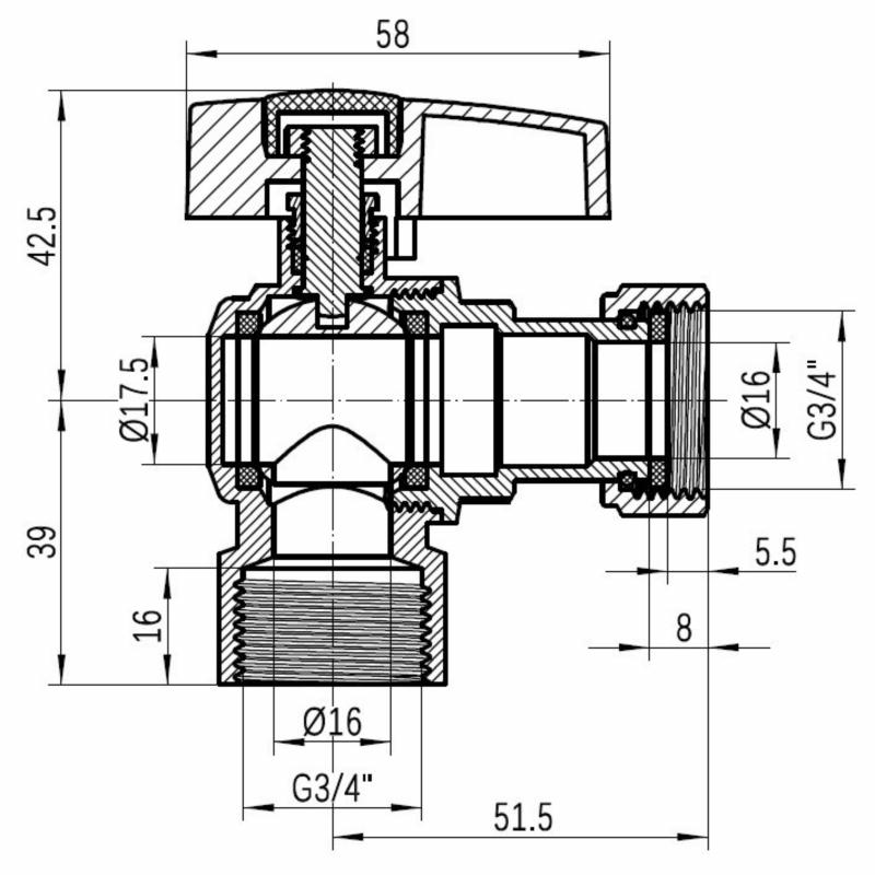 Кран кульовий Thermo Alliance Standart 3/4"ВВ кутовий, PN40, з накидною гайкою TAS223W20 — фото 2