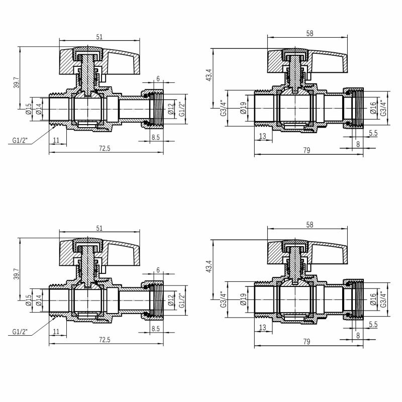 Комплект прямих кранів Thermo Alliance Standart 1/2"ВН-3/4"ВН з накидною гайкою для підключення котла TAS262RBW1520 — фото 2