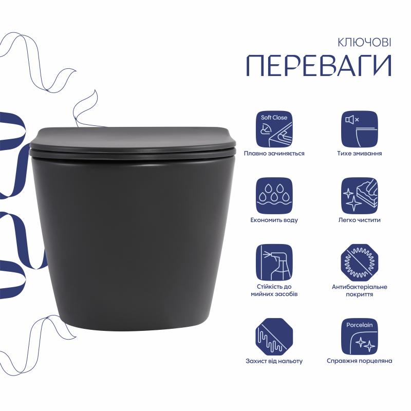 Унітаз підвісний Qtap Robin Ultra Quiet 520×365×340 мм, Anthracite, з сидінням Slim Duroplast / Soft-close / Quick Release QTROB26AN48995 — фото 3