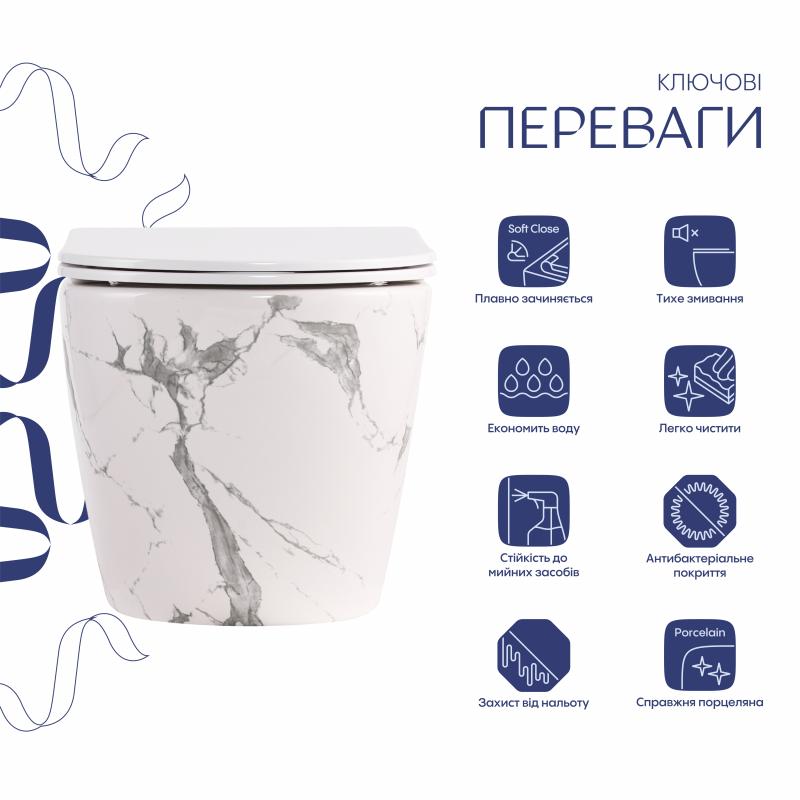 Унітаз підвісний Qtap Robin Ultra Quiet 520×365×340 мм, Marble, з сидінням Slim Duroplast / Soft-close / Quick Release QTROB26MR48998 — фото 3