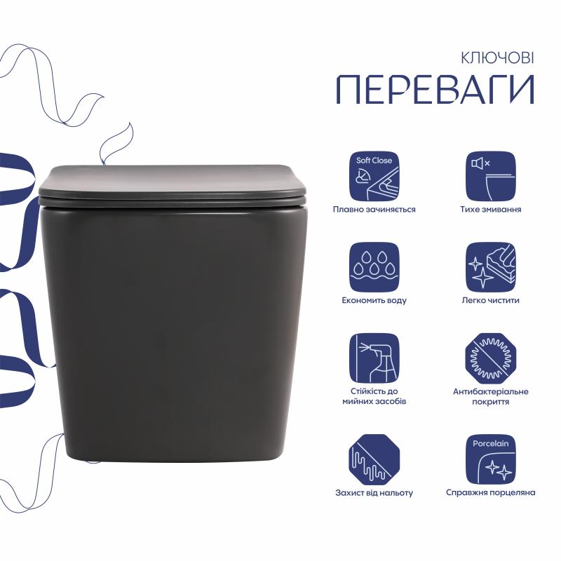 Унітаз підвісний Qtap Tern Ultra Quiet 520×345×325 мм, Anthracite, з сидінням Slim Duroplast / Soft-close / Quick Release QTTER26AN48999 — фото 3